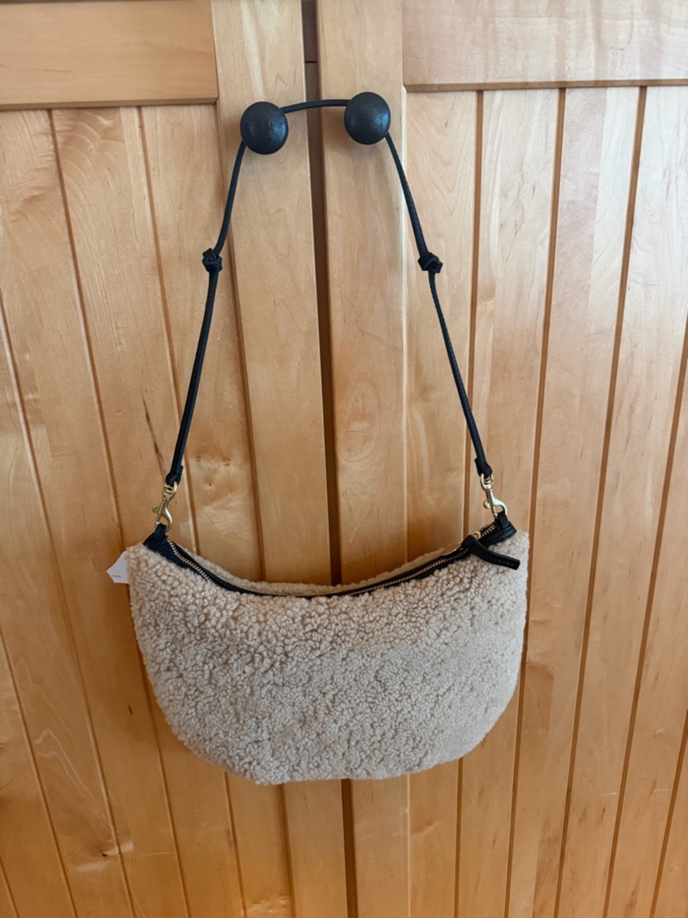 Clare V Cream Shearling Crescent “Lune” Shoulder Bag with Black Strap NWT